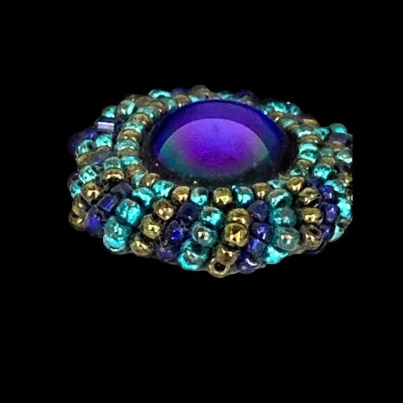 Hand beaded royal blue glass cabs turquoise gold glass bezel pierced earrings - Picture 11 of 13